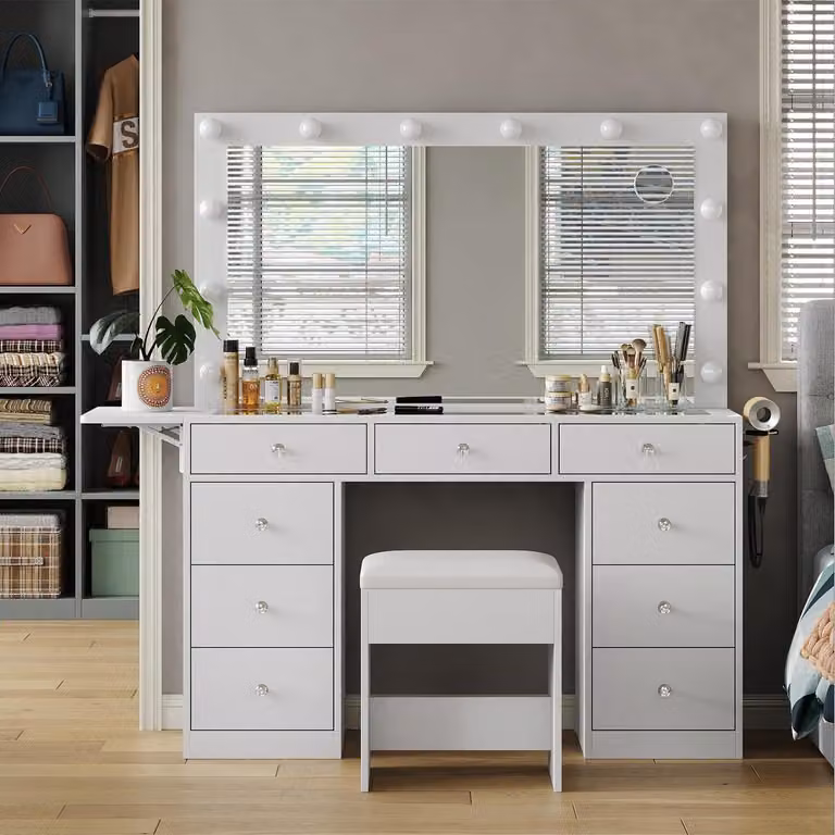Comò da trucco con specchio, 12 luci LED, presa di corrente, 9 cassetti, ripiano pieghevole, 3 modalità di illuminazione, bianco