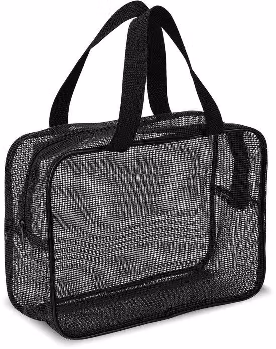 Borsa da viaggio e da campeggio nera con struttura a rete e tasche
