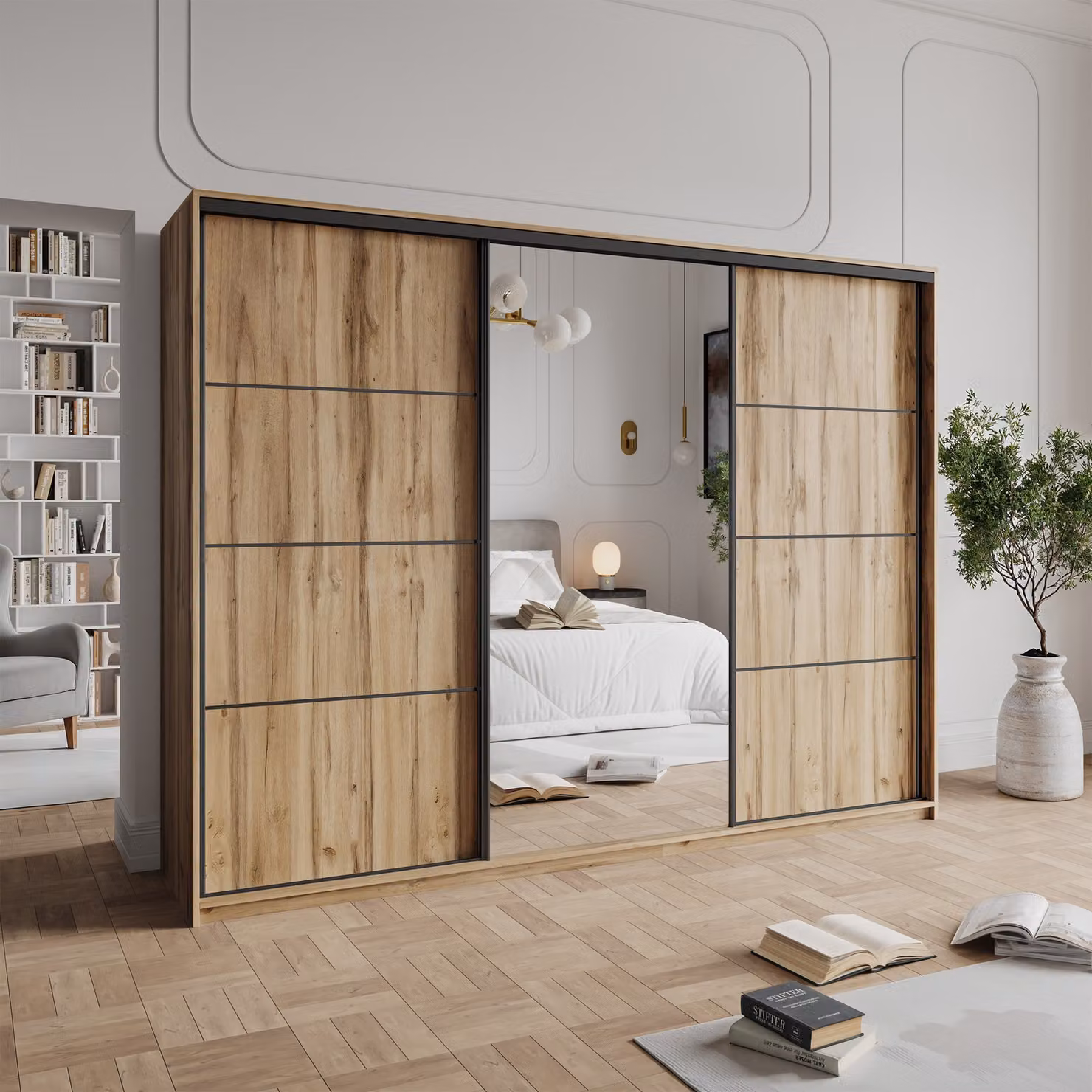 Masseno, armadio a porte scorrevoli VARO 270/205/60 cm, armadio con cassetti, armadio da camera da letto a 3 ante con specchio, rovere Wotan + nero
