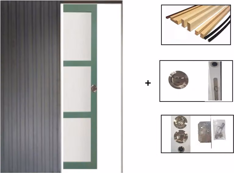 Porta scorrevole verde chiaro con vetro H204 x L83 cm, incassata, kit di finitura Gd Menuseries