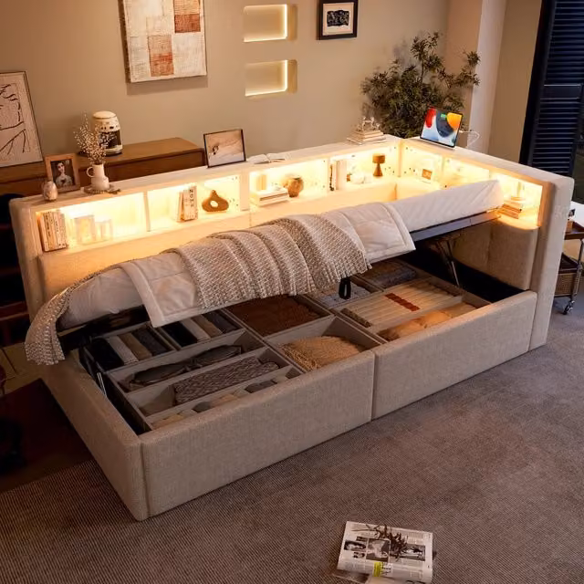 Tagesbett con funzione di stoccaggio idraulica in lino beige 90x200 cm