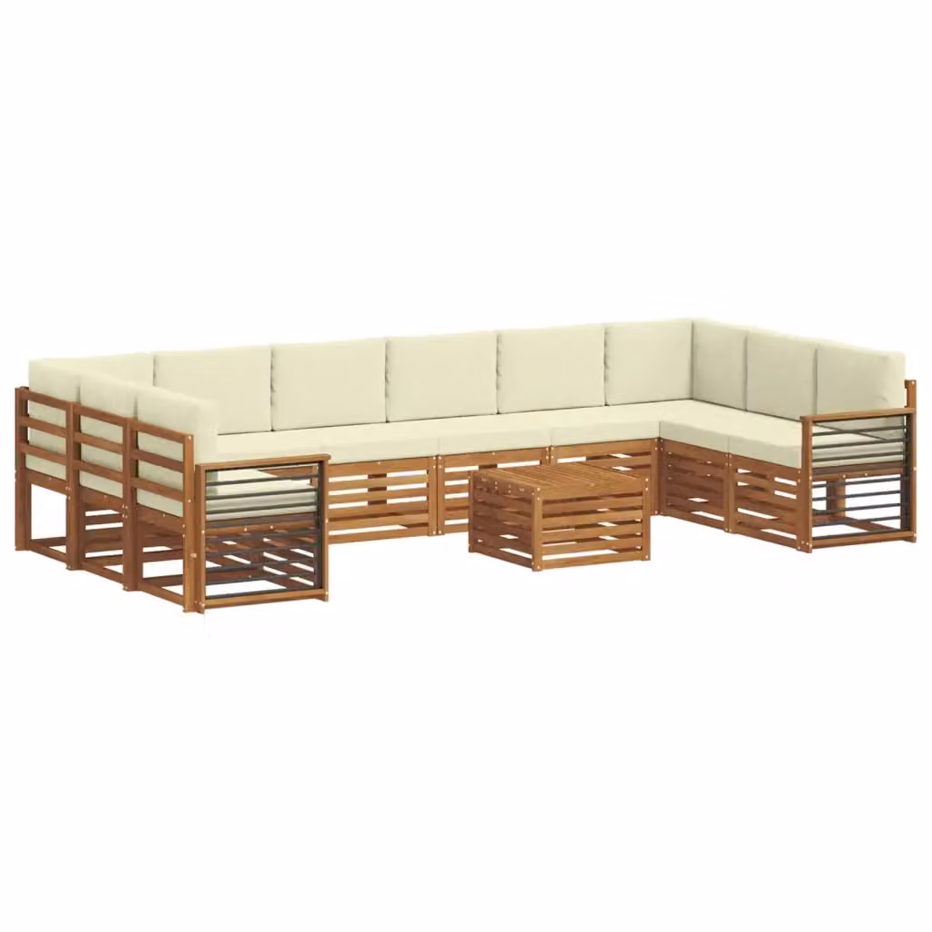 Set di divani da esterno a L con tavolino vidaXL in legno di acacia, 11 pezzi, Beige e Bianco – 2