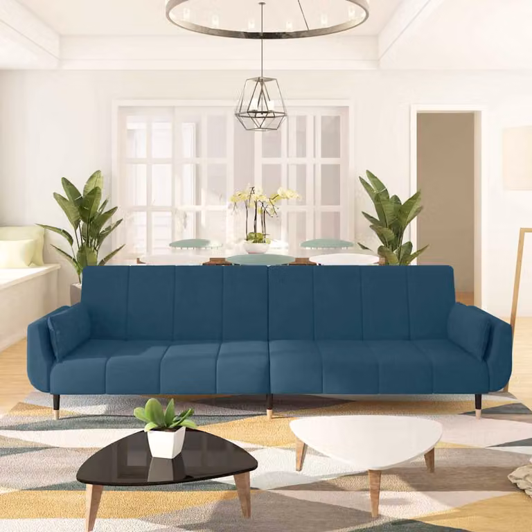 vidaXL Divano Letto Click-Clack a 2 Posti in Velluto Blu con Cuscini e Poggiatesta Regolabile, Dimensioni Letto: 100 x 200 cm
