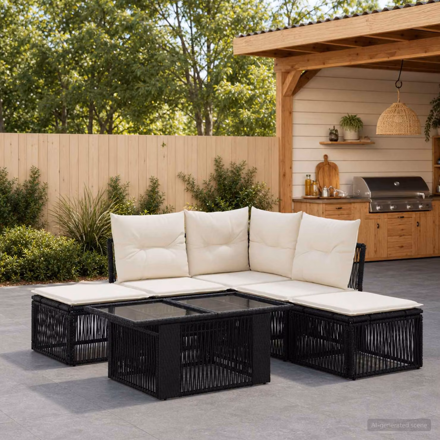 Set Divano da Giardino vidaXL 6 pz in Polyrattan Nero con Cuscini e Tavolino da Esterno