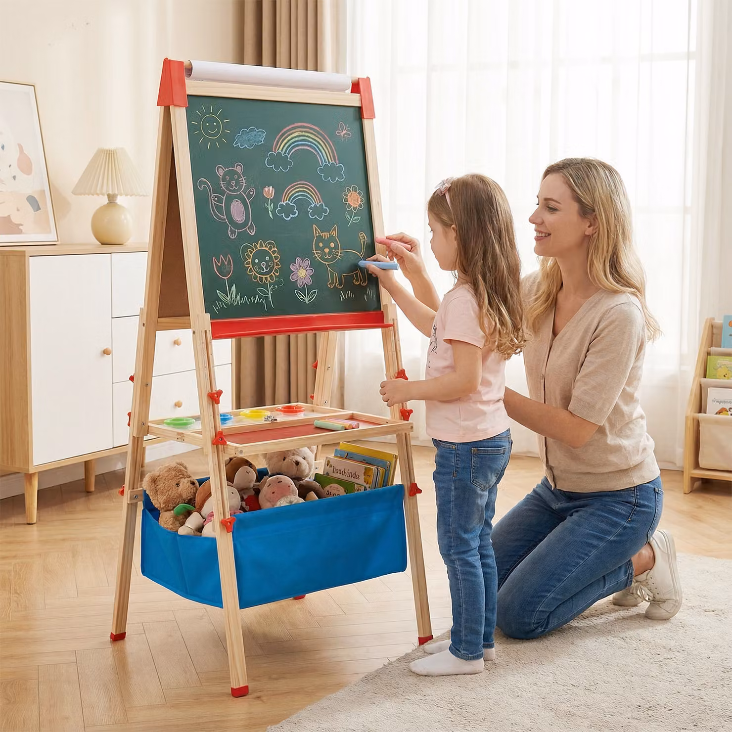 Cavalletto da disegno regolabile e pieghevole Costway multicolore con rotolo di carta e accessori inclusi per bambini e ragazzi