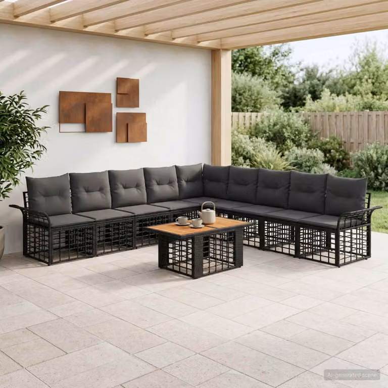 Set Divano da Giardino vidaXL 10 Pezzi a Forma di L con Tavolino, Colore Nero e Grigio, Struttura in Acciaio e Polyrattan con Cuscini Imbottiti