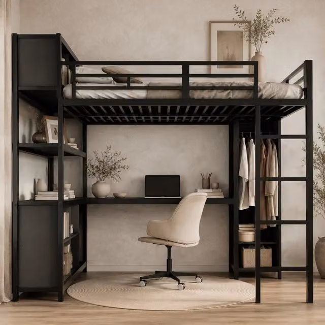 Letto a soppalco 140 × 200 cm con scrivania armadio e vani contenitore in metallo e pannelli truciolari nero