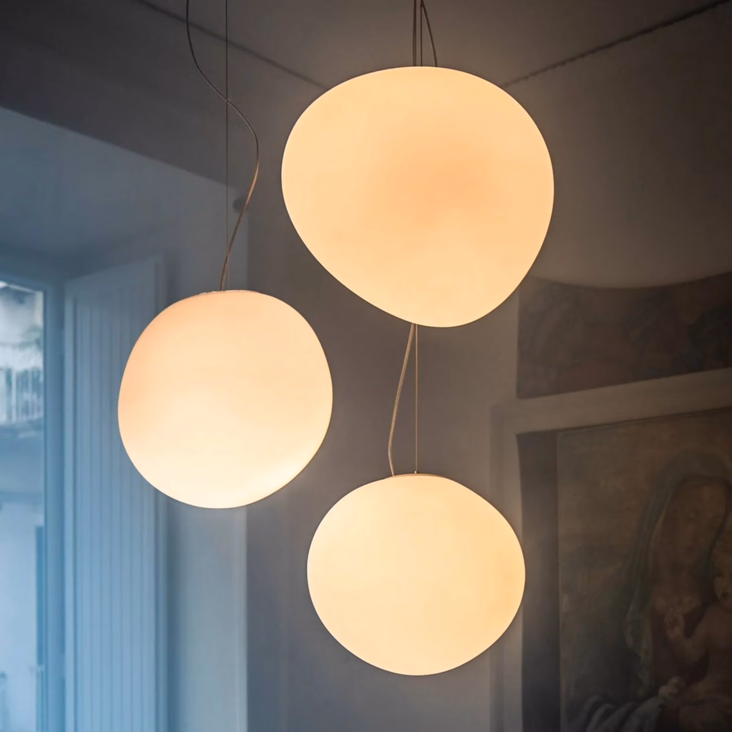 Foscarini Lampada a sospensione Gregg grande, dimmerabile, Bianco / Opale, Soggiorno / Sala da pranzo, Vetro, Design, Lampada a sospensione