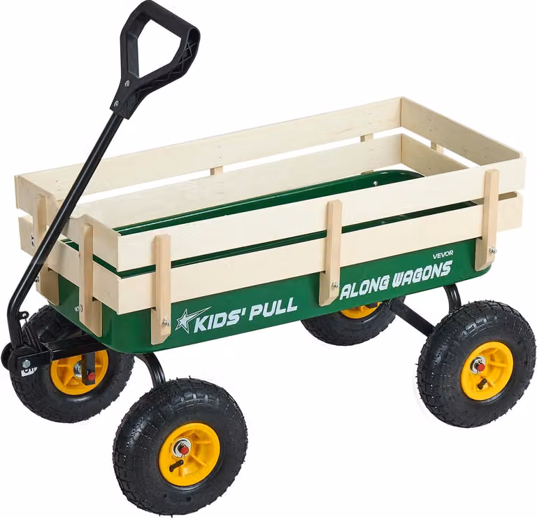 SucceBuy carretto per bambini, carretto da 102 cm, carrello da trasporto con barra di spinta, in legno e metallo, con capacità di carico fino a 150 kg, adatto a bambini dai 5 anni, ideale per giardino, escursioni e spiaggia, in verde e giallo