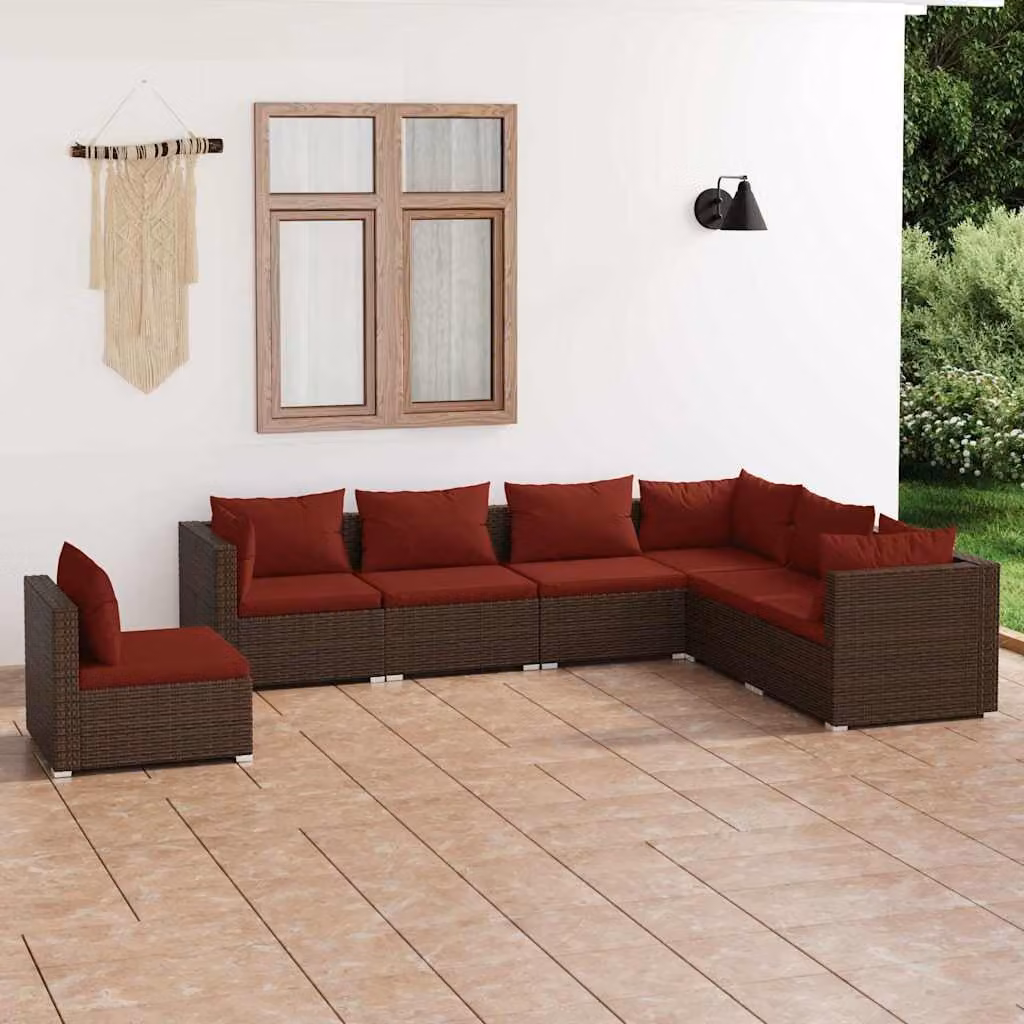 Set Divani da Giardino vidaXL 7 pz in Polyrattan Marrone con Cuscini Imbottiti e Coperture Rimovibili