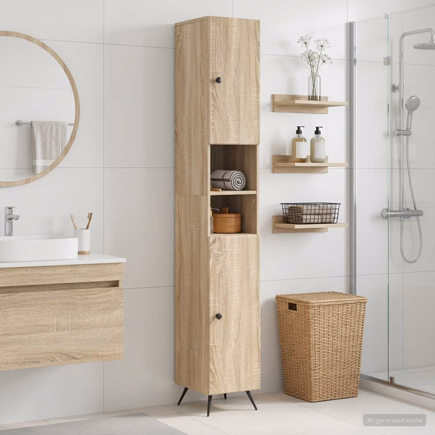 Armadio da bagno vidaXL BREDA con ripiano aperto e ante a battente in Rovere Sonoma, marrone opaco