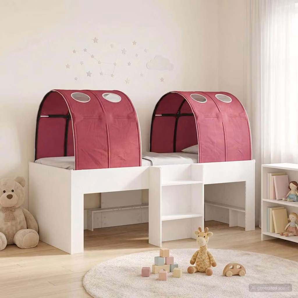 vidaXL Letto per bambini con tunnel in legno ingegnerizzato e tessuto, Bianco e Rosso, L: 193 cm, P: 120 cm, H: 96 cm