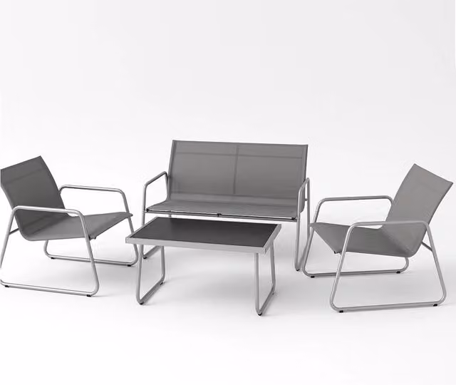 Set Salotto da Giardino Bakaji Moderno con Divano a 2 Posti, Poltrona e Tavolino in Acciaio Grigio con Cuscini Inclusi