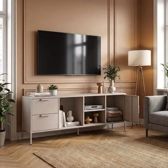 Mobile TV Kliri en.casa in metallo beige con 2 cassetti e scomparti L: 150 cm, P: 35 cm, H: 58 cm