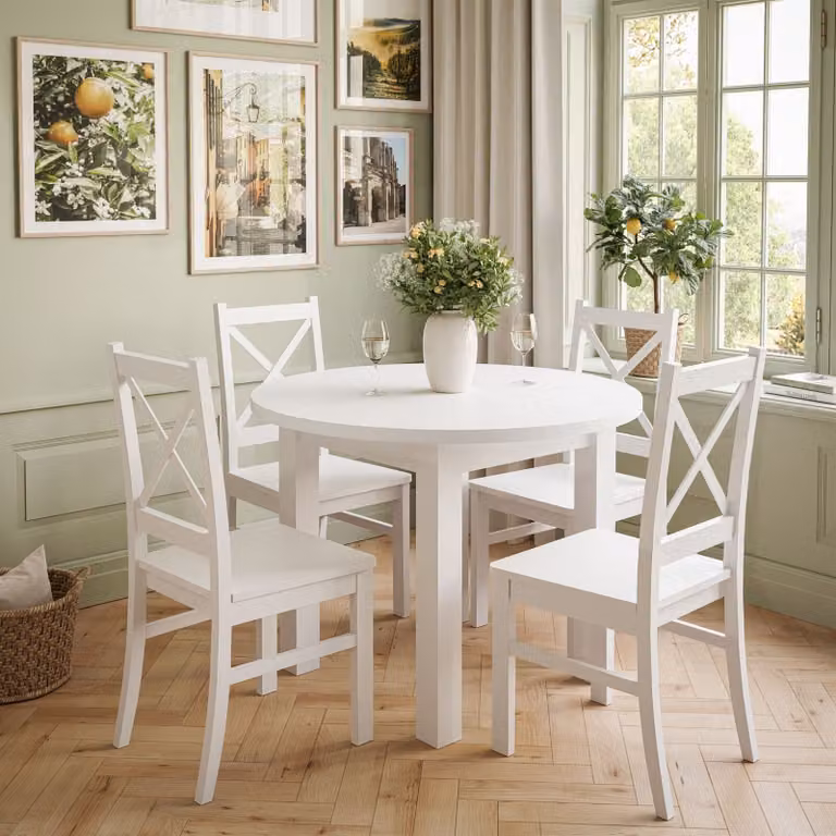 Set da pranzo OLEA: tavolo + 4 sedie bianco/bianco + bianco/bianco 100 cm