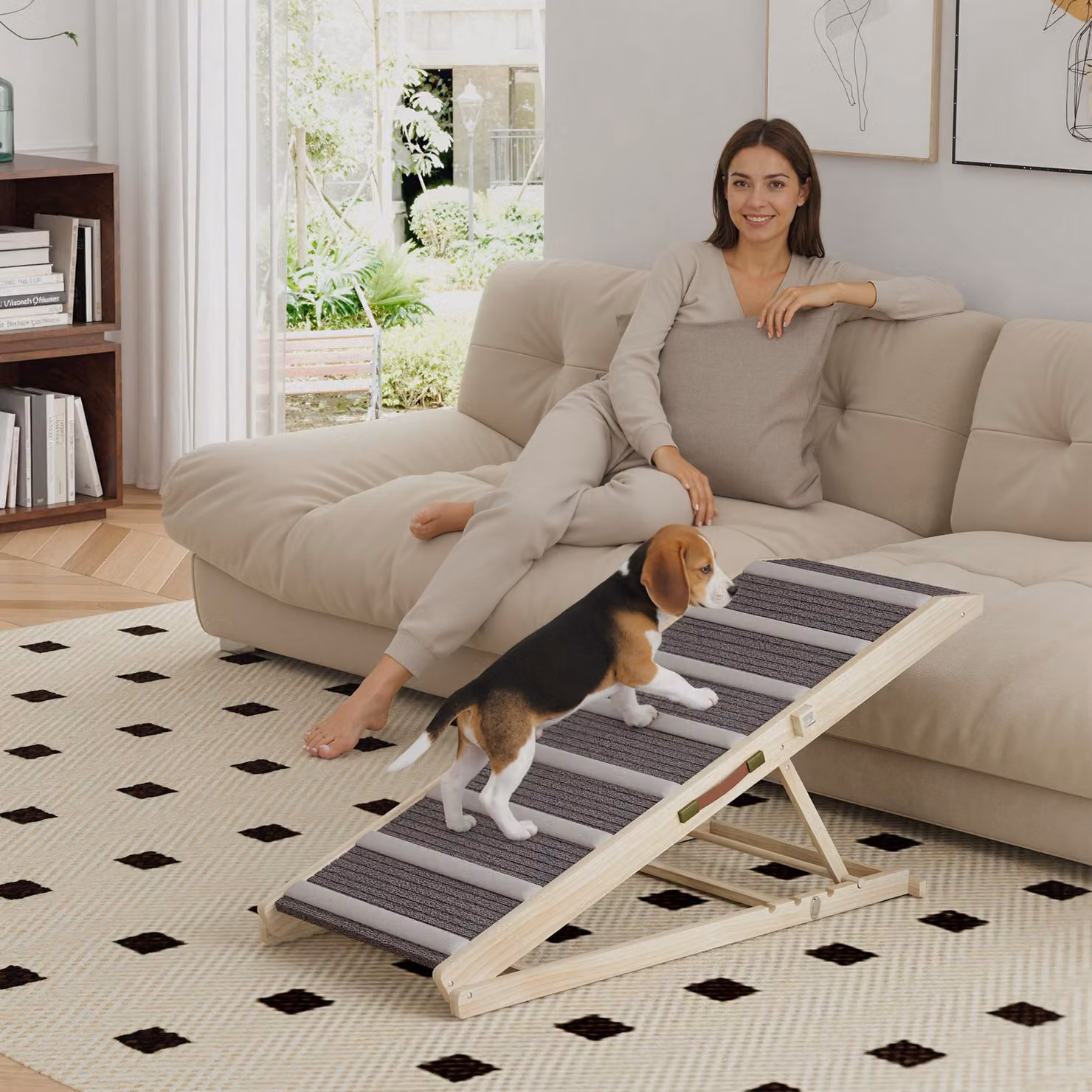 Rampa per cani PawHut pieghevole e regolabile in legno di pino con tappeto antiscivolo, disponibile in marrone o grigio, regolabile da 41 a 60 cm – 2
