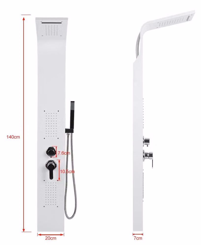 Pannello doccia - Sistema doccia - Doccia a pioggia - Getto a cascata - Ugelli massaggio - Doccetta manuale con 3 tipi di getto - Bocchetta per vasca - Finitura bianca lucida