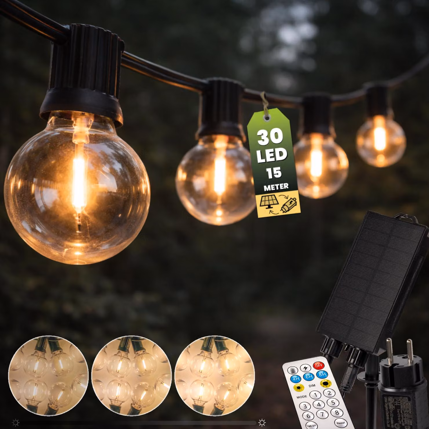 LUMILED Catena luminosa solare da esterno 15 m G40 30 LED + 2 lampadine di ricambio, con telecomando, USB-C, bianco caldo 2700K, IP44 resistente agli spruzzi d'acqua, 8 modalità, dimmerabile, catena luminosa solare da esterno, lampada solare da giardino,