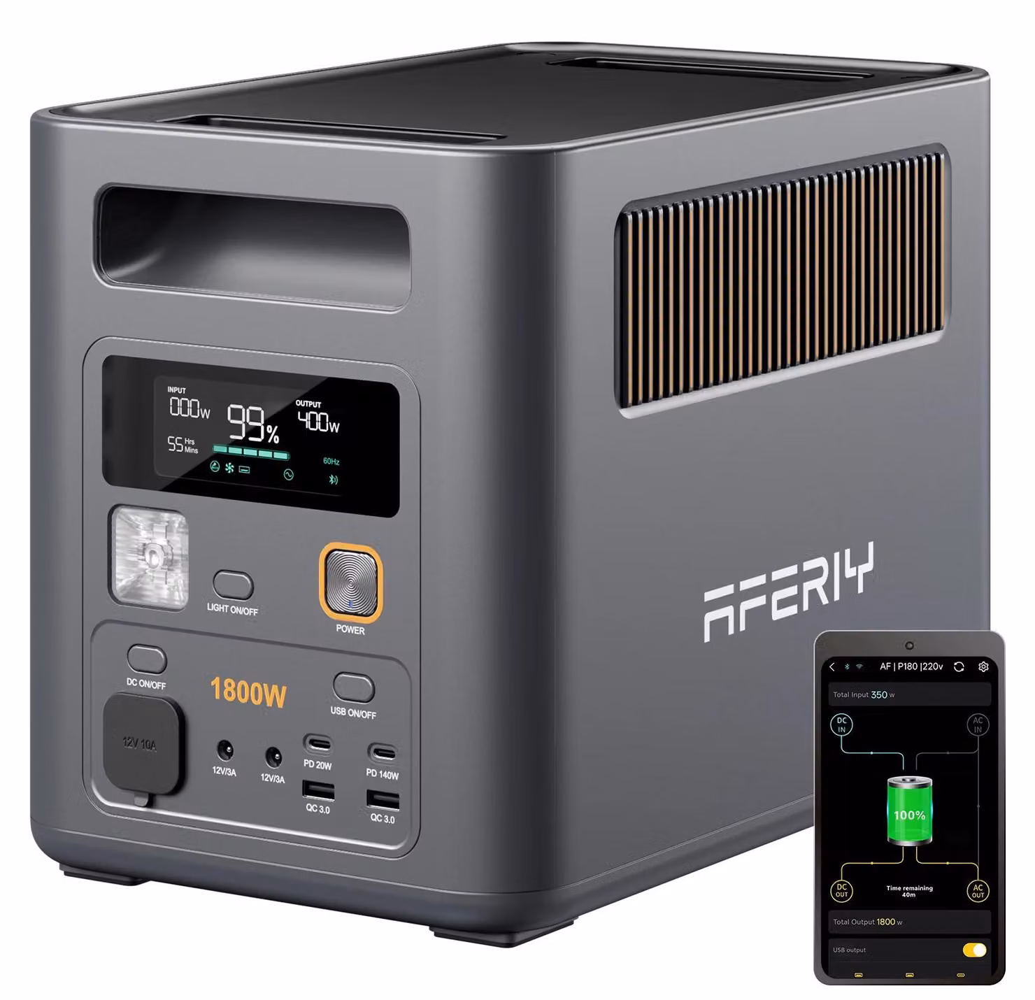 Centralina portatile - Generatore solare P180PRO - 1800 W - Batteria LiFePO4 da 1024 Wh - Ricarica rapida - Espandibile - Controllo tramite app - Prese di corrente conformi agli standard UE