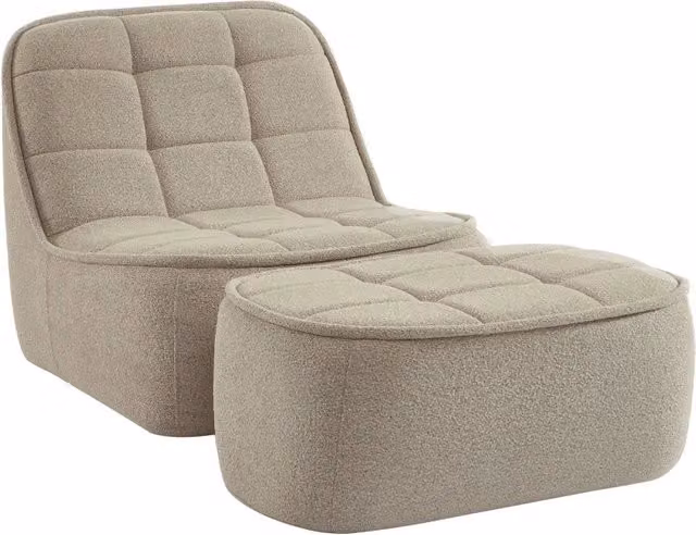 Poltrona moderna con poggiapiedi in tessuto bouclé Sweeek IT, disponibile in bianco, beige o nero