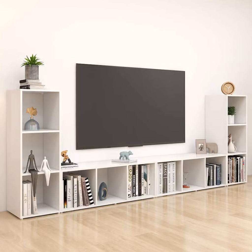 Mobile TV vidaXL in legno multistrato e MDF, set di 4 pezzi, bianco opaco, L 107 cm x P 35 cm x H 37 cm