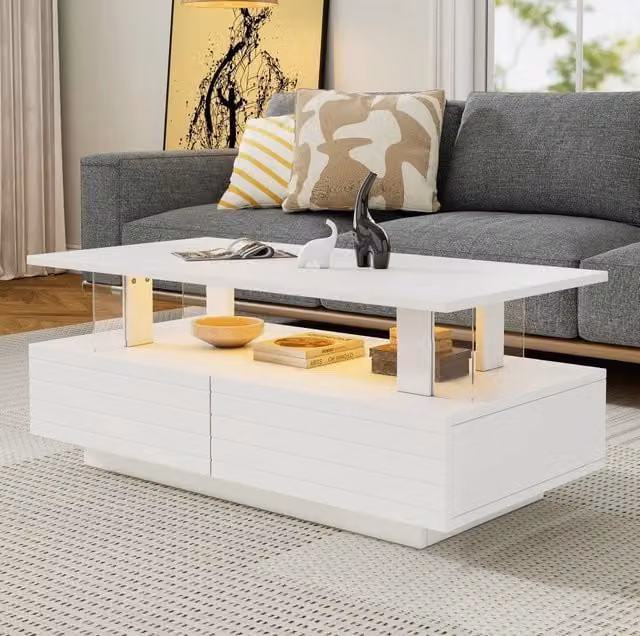 Tavolino LED 100x50x42,5 cm bianco con contenitore, pannelli truciolari e acrilico