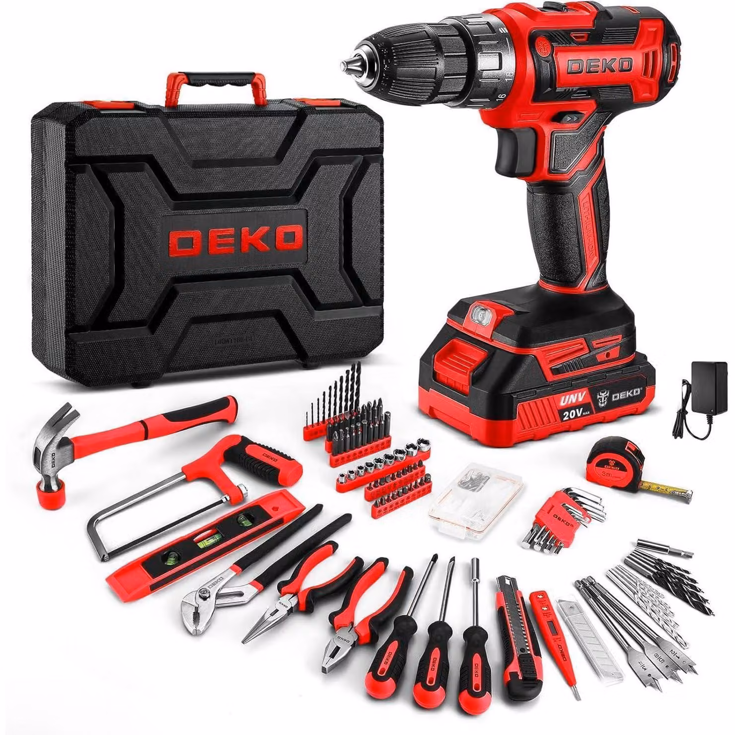 Kit di attrezzi da 186 pezzi con avvitatore a batteria da 20V, colore rosso