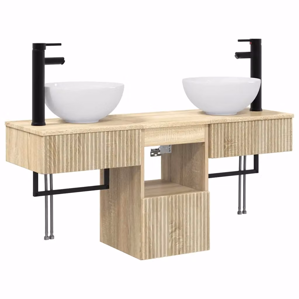 Set di mobili da bagno moderno vidaXL in legno color rovere, composto da 3 pezzi con mobile lavabo e pensile a parete, L/P/H: 120 x 40 x 56 cm – 2