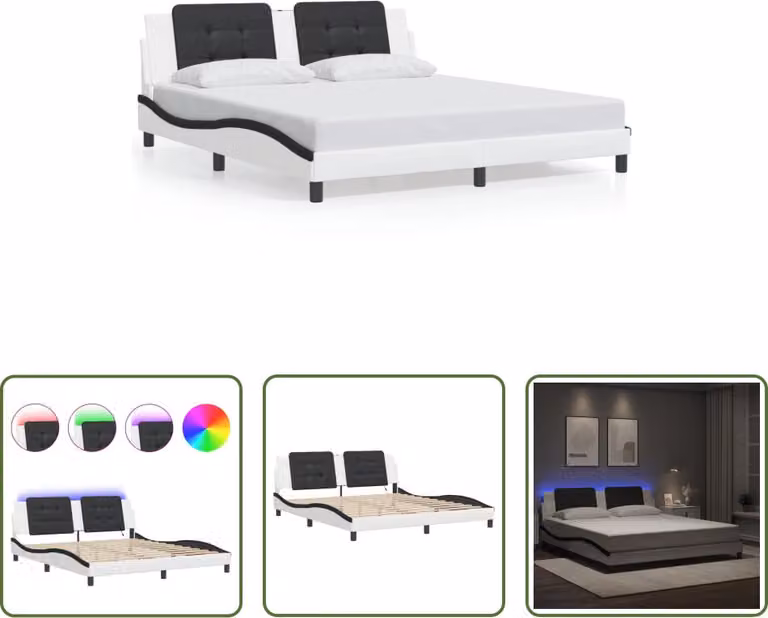 The Living Store Struttura letto con LED bianco e nero 180x200 cm in ecopelle