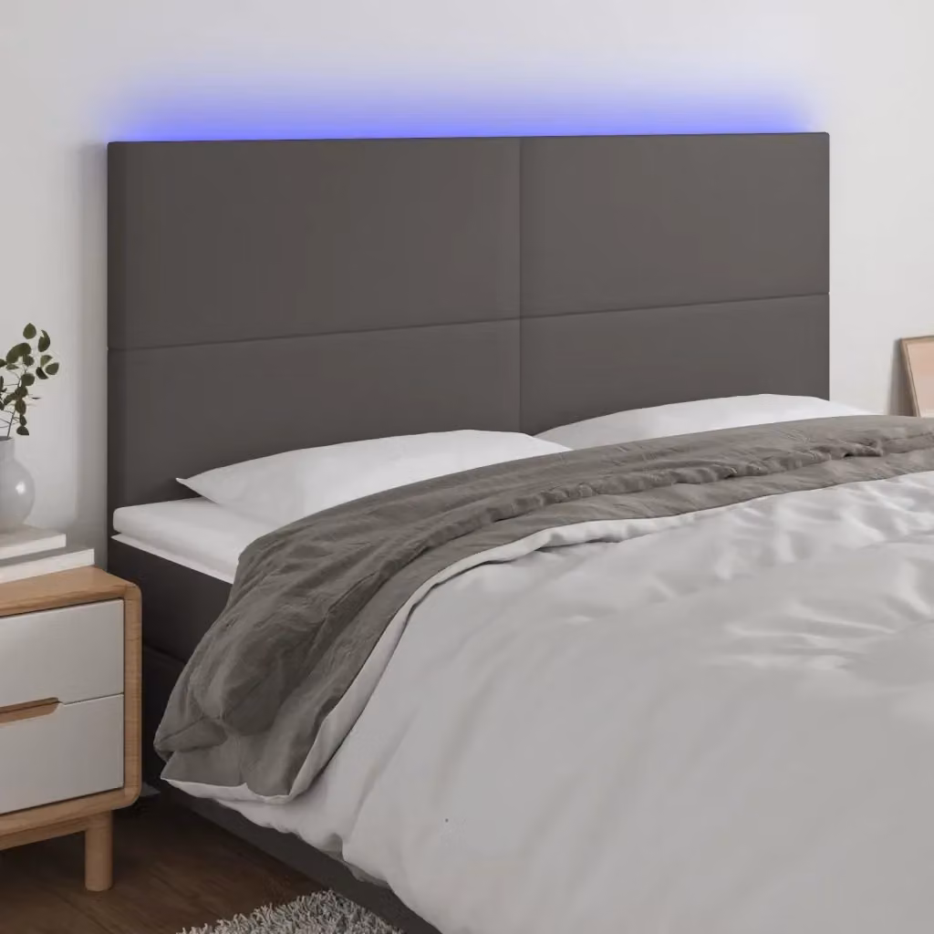 Testata del letto con illuminazione LED e porta di ricarica USB in similpelle grigia, L: 180 cm, P: 5 cm, H: 118/128 cm – 2