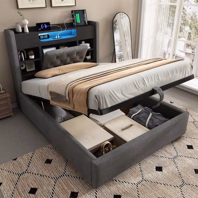 Letto imbottito contenitore con LED ¨C Minimal ¨C Grigio tessuto 90x200cm idraulico