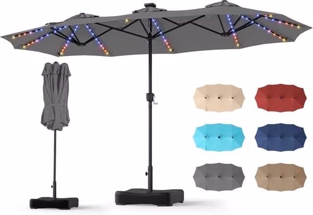 Ombrellone doppio da giardino con luci regolabili manovella base, Ombrellone ampio doppio protezione solare resistente Grigio