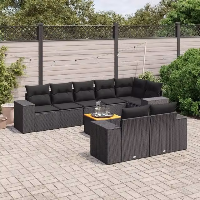 Set Divani da Giardino 9 pz con Cuscini Nero in Polyrattan 3257861