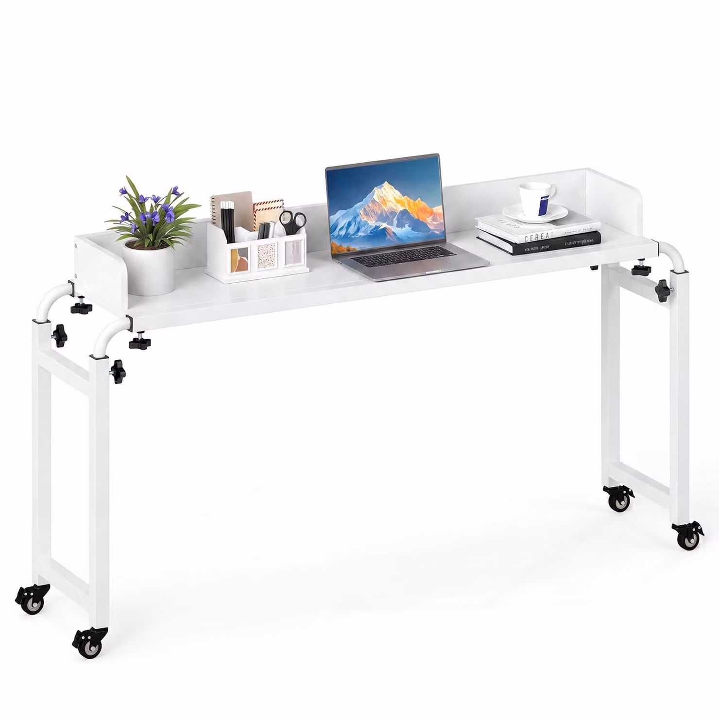 COSTWAY Tavolino da letto con rotelle, tavolino regolabile in altezza e lunghezza, tavolino per la cura con pannello fonoassorbente, scrivania, tavolino per computer e laptop, bianco