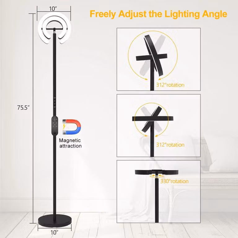 Lampada da terra - Lampada da terra a LED - Altezza 1,9 m - 2 anelli luminosi orientabili a 312° - Intensità regolabile - 6-10 W - Telecomando - Colore nero