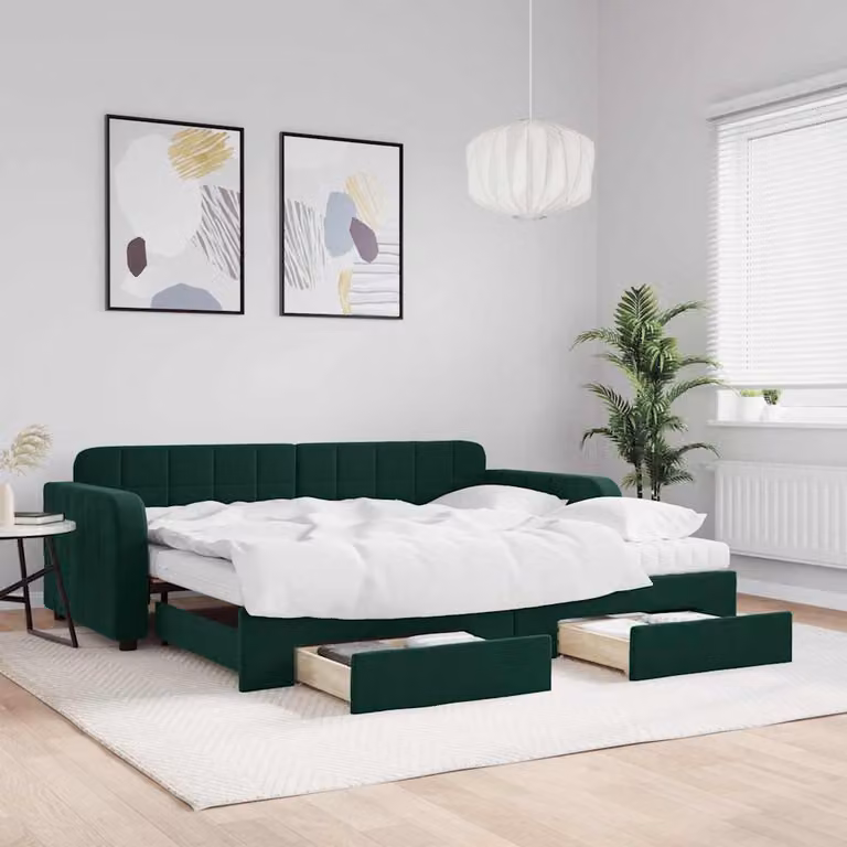 vidaXL Divano Letto Estraibile con Cassetti in Velluto Verde, L/P/H: 224 x 90 x 100 cm