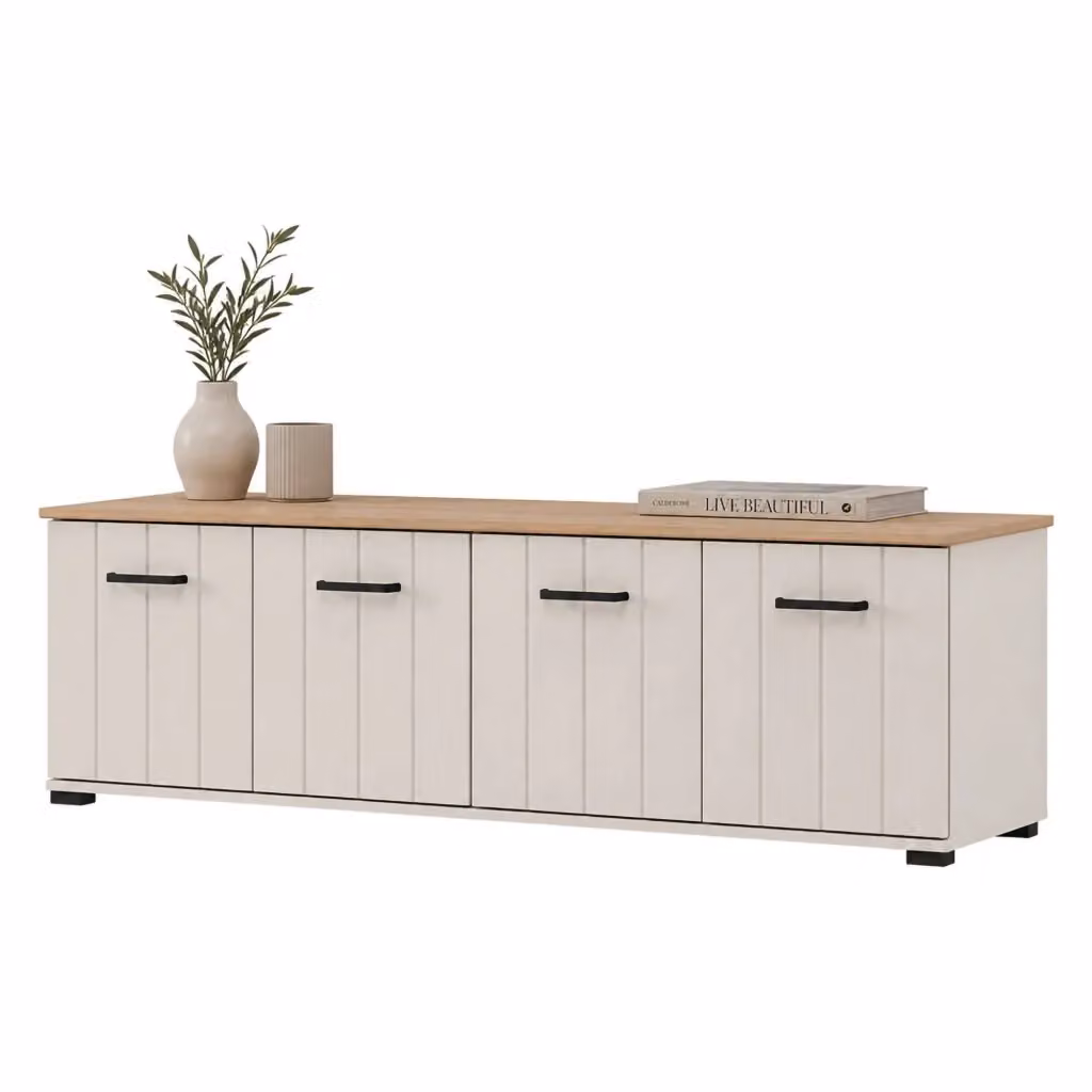 Mobile porta TV DMORA con un ripiano, design moderno in legno bianco e crema, L: 156 cm, P: 40 cm, H: 44 cm – 2