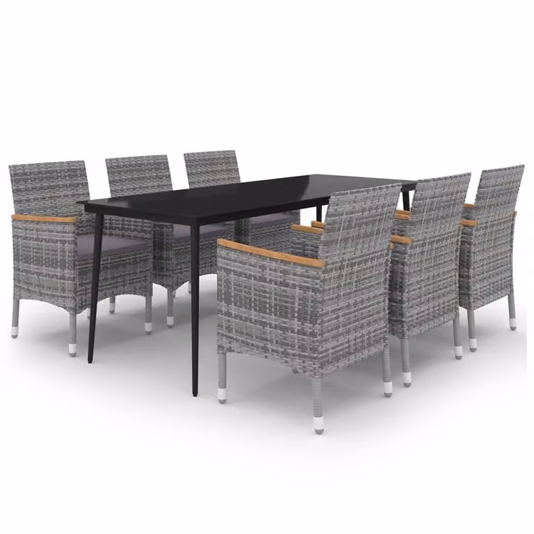 Set da Pranzo da Giardino con Cuscini 7 pz Polyrattan e Vetro
