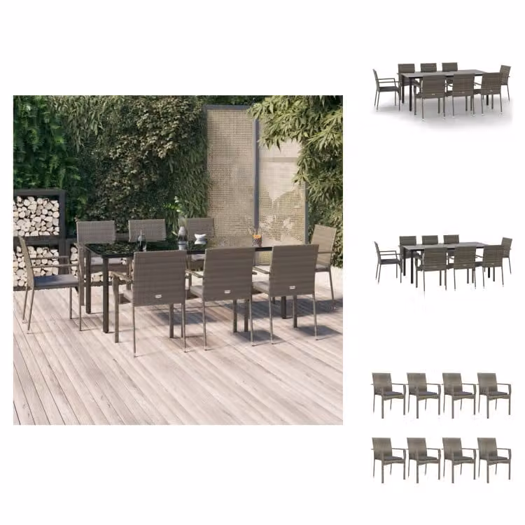 vidaXL set da pranzo da giardino 9 pezzi con cuscini in poly rattan nero e grigio - Set di mobili da giardino