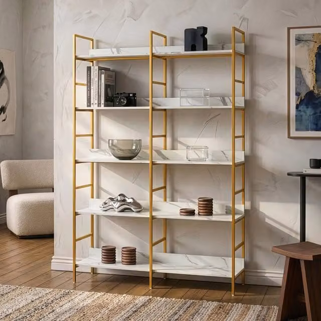 Libreria Noskik en.casa con ripiani, design moderno oro e bianco effetto marmo, L 120 x H 180 x P 30 cm
