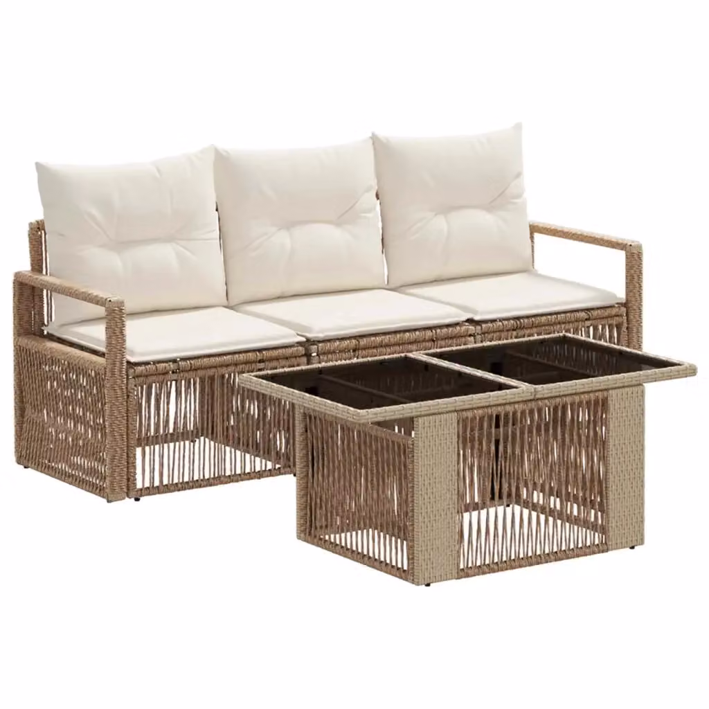 Set Divano da Giardino 4 Pezzi vidaXL con Tavolino, Colore Beige e Bianco, Struttura in Metallo e Polyrattan con Cuscini Imbottiti e Rivestimenti Rimovibili – 2