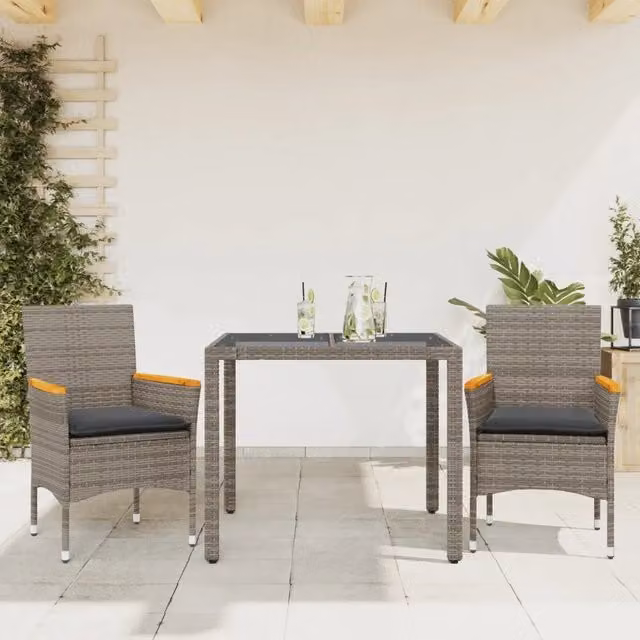 Set da Pranzo da Giardino 3pz con Cuscini in Polyrattan e Vetro 3278651