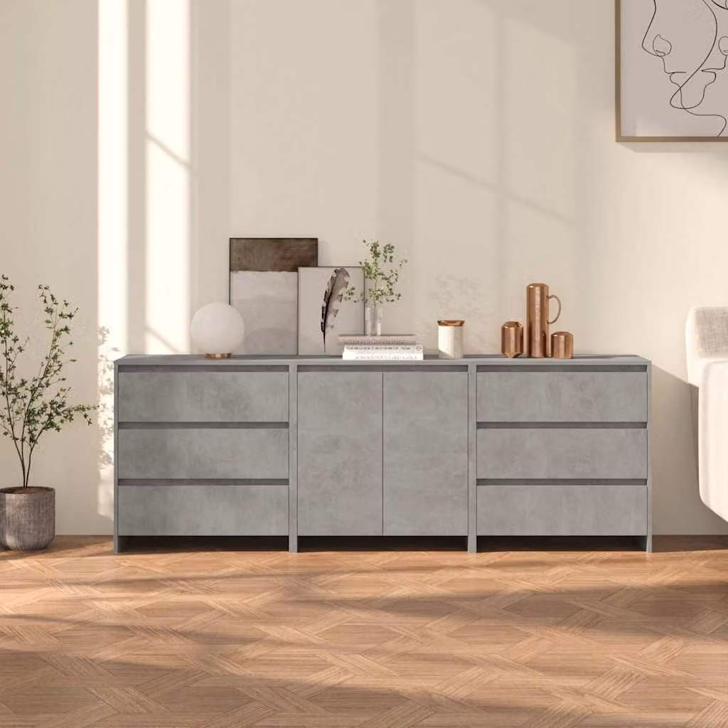 Set di 3 credenze moderne vidaXL in legno multistrato e MDF, colore grigio cemento, modello a parete