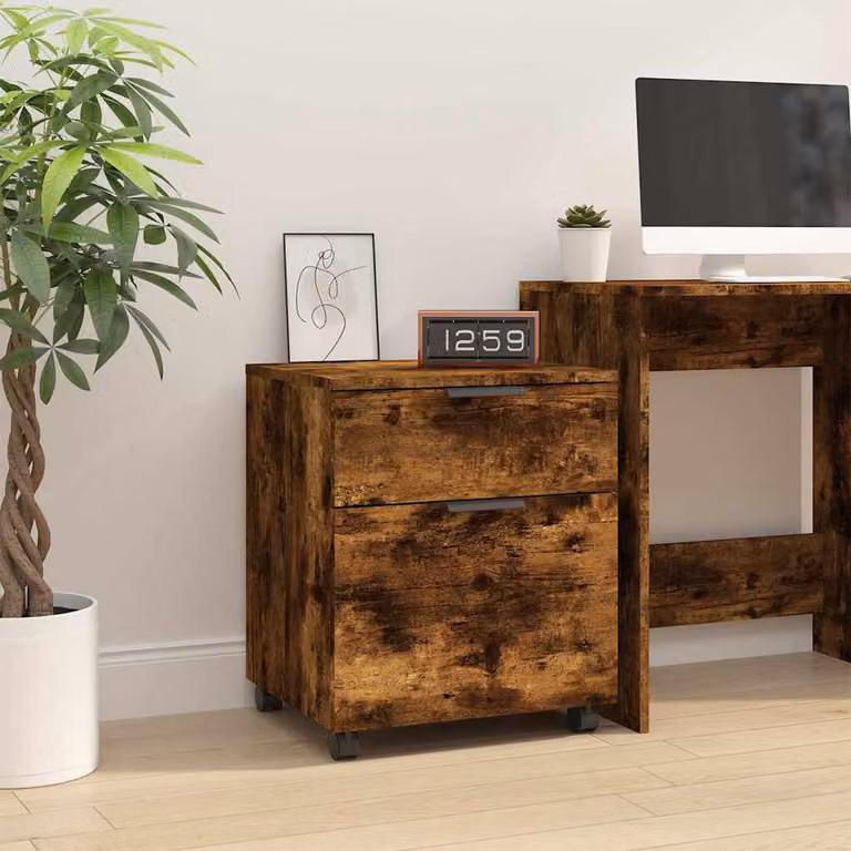 vidaXL Schedario con Ruote in Legno Multistrato Rovere Fumo con Serratura L: 45 cm, P: 38 cm, H: 54 cm