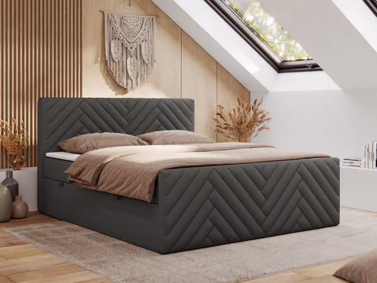 Letto boxspring MKS MEBLE 140x200 con contenitore e materasso H3 - Paris Duo - Ecopelle grigia