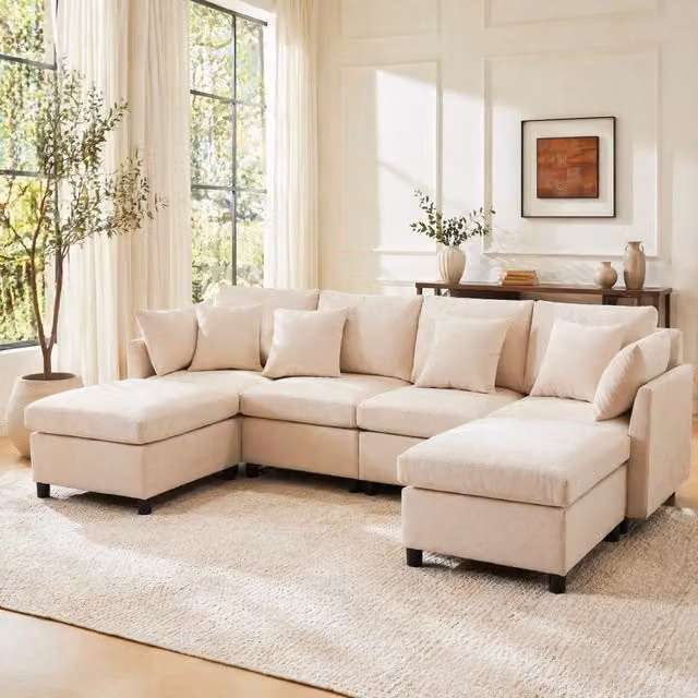 Divano modulare ULEVR 278x161 cm da 4-6 posti con 2 pouf mobili e 6 cuscini, in ciniglia beige
