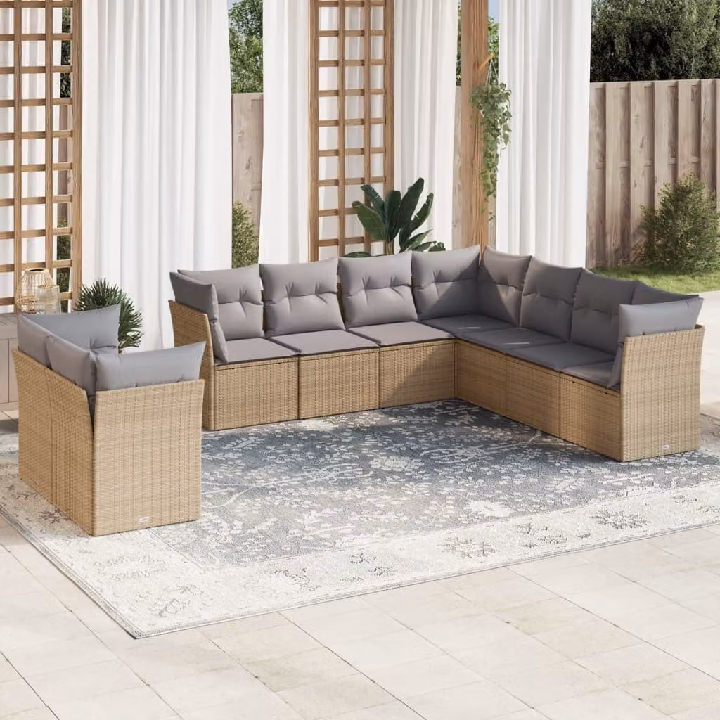 vidaXL Set Divano da Giardino a L 9 pz in Polyrattan con Cuscini Beige e Grigio – 1