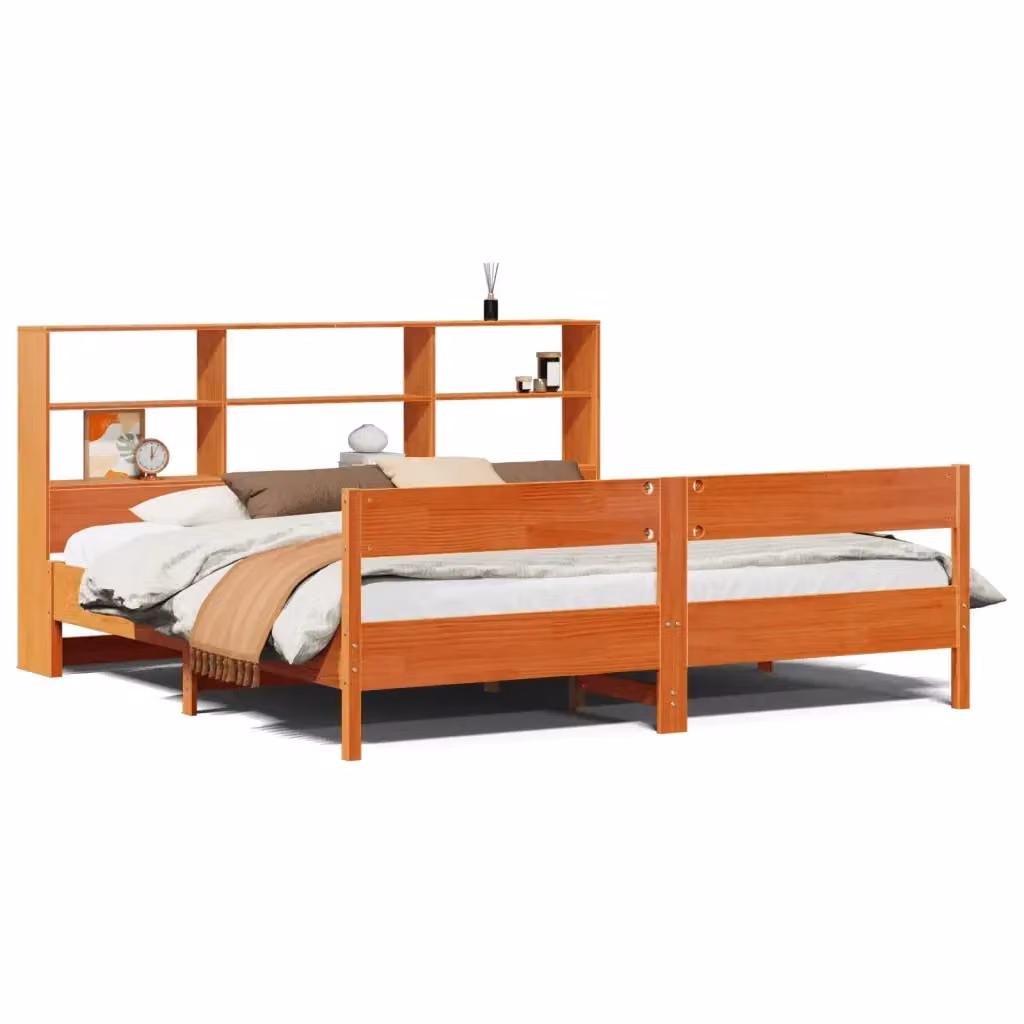 Letto Libreria vidaXL in Legno di Pino Massiccio Marrone Cera con Ripiani Laterali L/P/H: 180 x 200 cm – 2