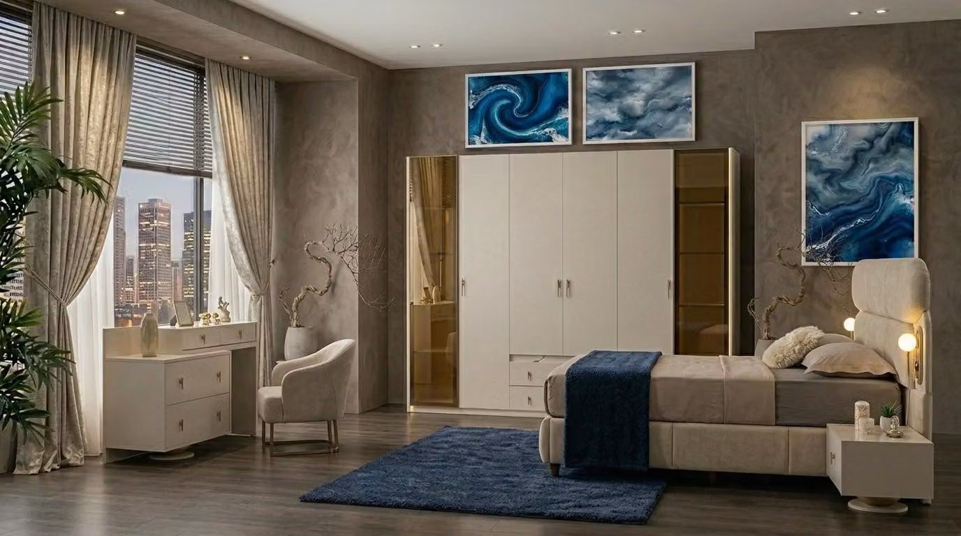 Set per camera da letto: armadio, letto, testiera, comodino, 2 comodini, design moderno