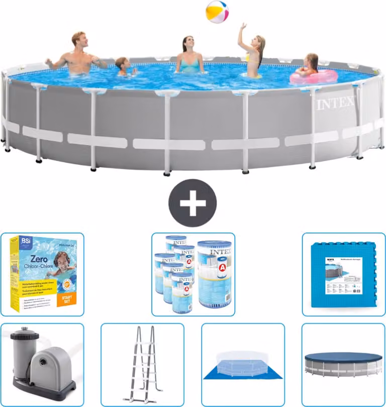 Piscina Intex Round Prism Frame - 610 x 132 cm - Grigio - inclusa pompa - scala - telo di fondo - pacchetto di manutenzione della copertura - filtro - piastrelle per il pavimento